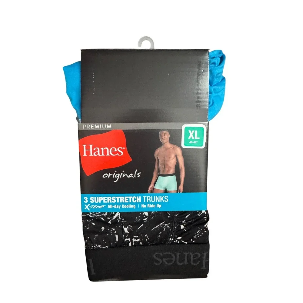 Hanes Originals Premium Superstretch Trunks 3-Pack Mens XL Blue Black Pattern